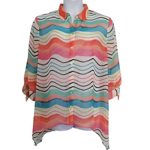 Chico's Multicolor Watercolor Stripe Tie Sleeve Semi Sheer Sharkbite Hem Blouse - Picture 1 of 9